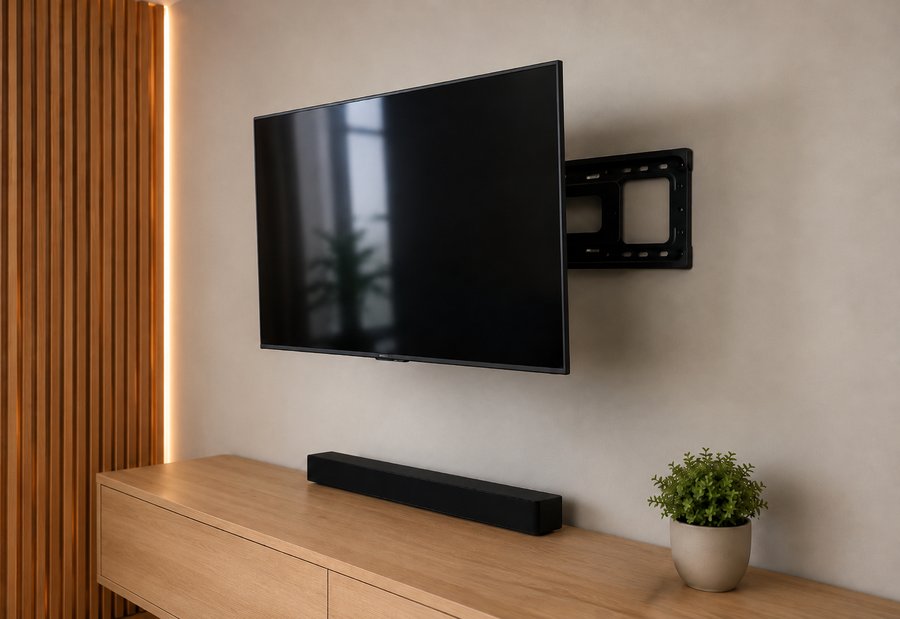 TV mounted on a wall bracket, ready for a basic installation