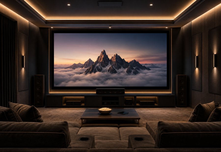 Home theater room with a large screen and surround sound speakers
