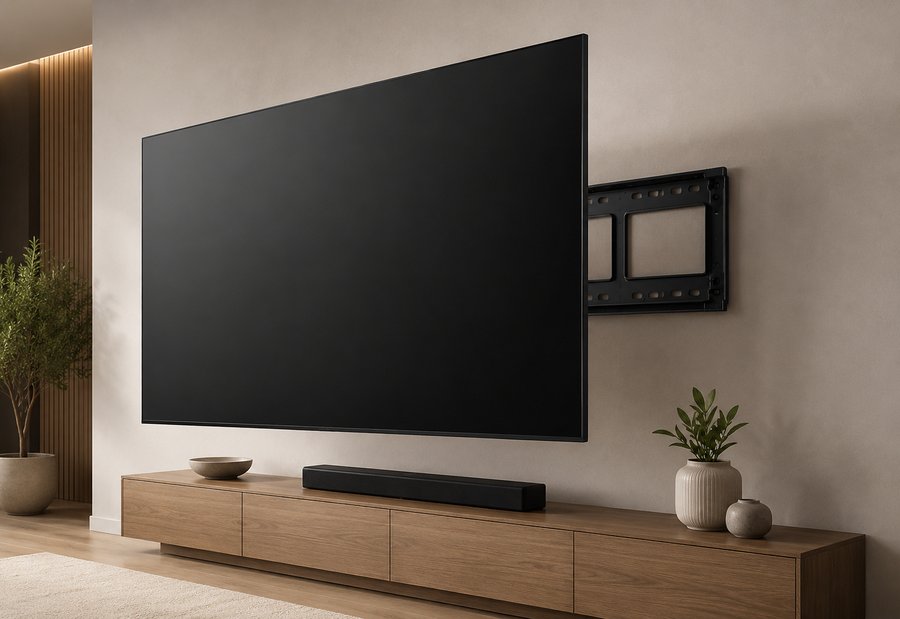 Large TV mounted on a wall bracket in a premium living room