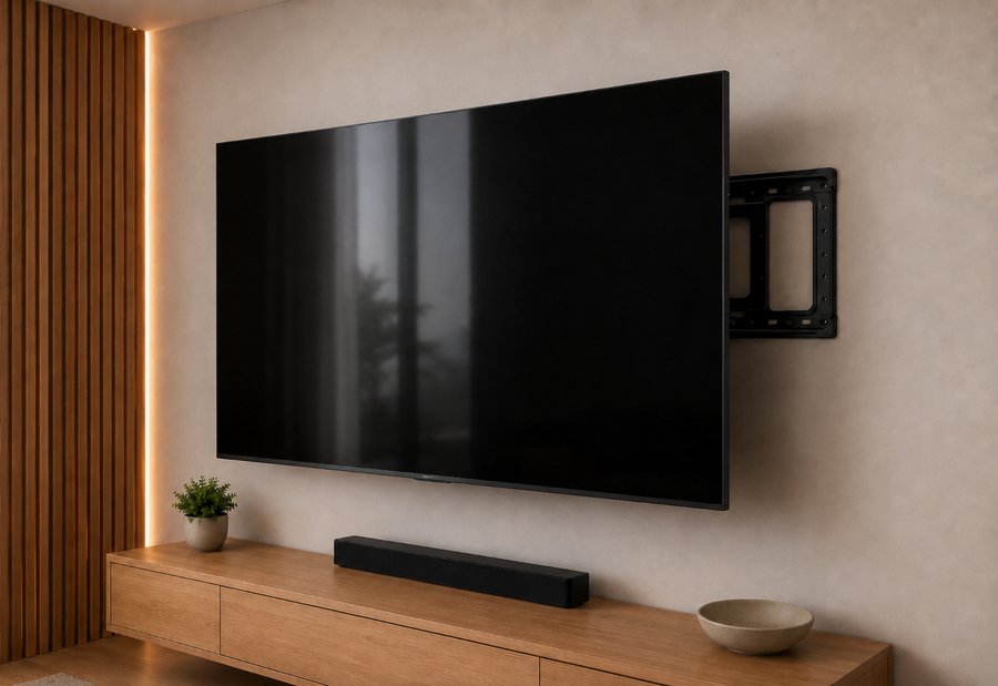 TV mounted on a wall bracket in a modern living room