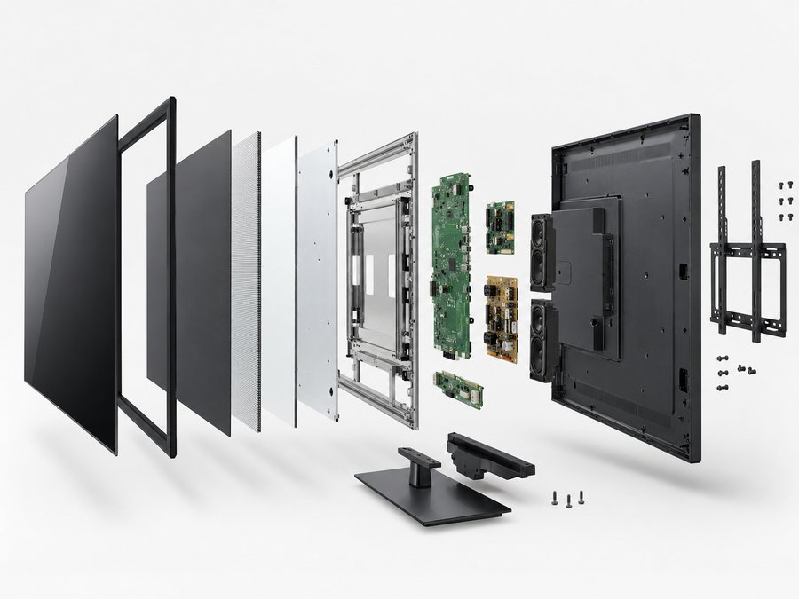 Exploded view of a TV's internal components and wall mount